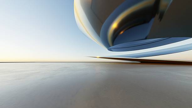 istock 3d illustration of abstract wavy architecture background, Minimal curved geometry architectural design, Car presentation backdrop with empty concrete floor, Flowing geometric metal building design 2218879945