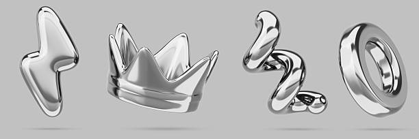Chrome y2k abstract shapes. Render 3d set of silver metal inflatable figures - lightning bolt, crown, spiral line, ring. Graphic design elements of steel or platinum with reflection