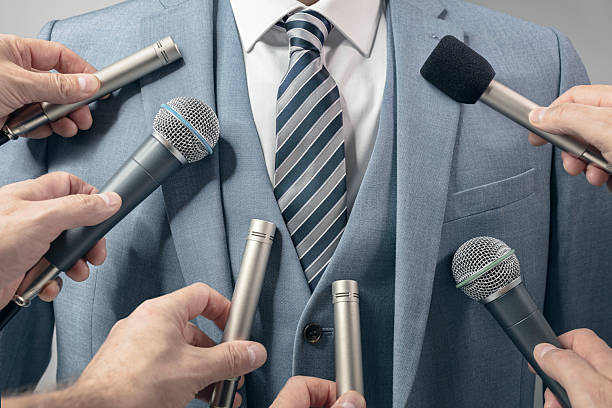 istock Interview with microphone politician or leader making an announcement or statement 2218882206