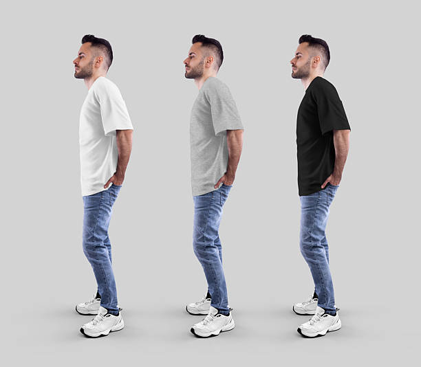 istock White, heather, black oversized t-shirt mockup, side view, full-length bearded man. Set 2218883217