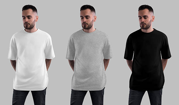 istock Mockup of white, heather, black oversized t-shirt on bearded man, front view, isolated on background. Set of clothes. 2218883280