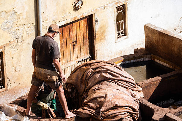 A worker engaged in the traditional leather tanning process, surrounded by vats and raw hides, in a historic Moroccan tanneries in Fes. The vibrant cultural heritage of leatherwork at its heart.