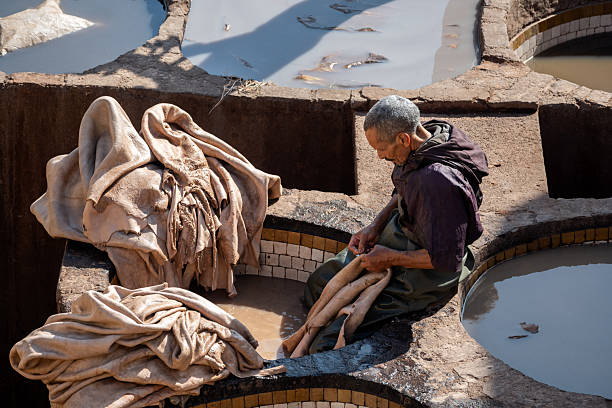 A worker engaged in the traditional leather tanning process, surrounded by vats and raw hides, in a historic Moroccan tanneries in Fes. The vibrant cultural heritage of leatherwork at its heart.