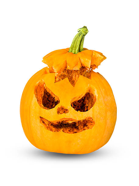 istock Spooky Halloween pumpkin jack-o-lantern isolated on white background 2218893089