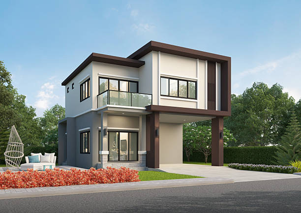istock Modern house exterior day light with lawn grass.3d rendering 2218894232