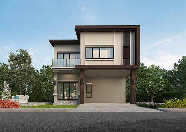 istock Modern house exterior day light with lawn grass.3d rendering 2218894233