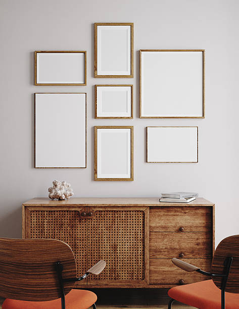 istock Poster frame mock-up in home interior background with commode, chairs and decor in living room 2218894858