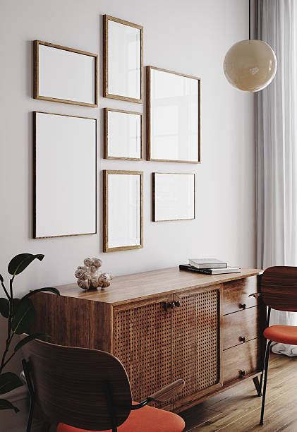 istock Poster frame mock-up in home interior background with commode, chairs and decor in living room 2218894867