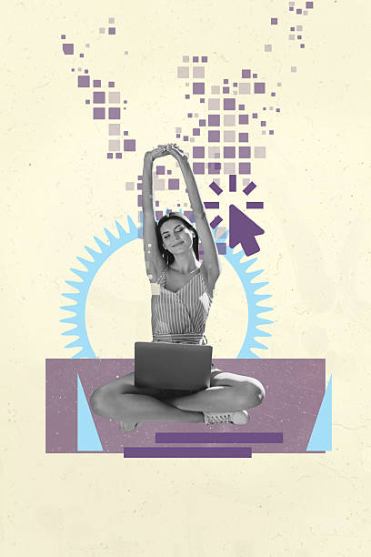 istock Pop trend collage of person sit front use computer cog gear with cursor pixels on pastel background 2218896865