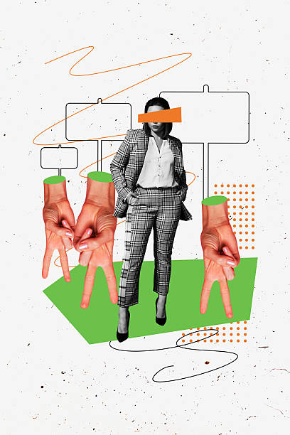 istock Creative design composite trend artwork collage of young lady blind stand crowd hands two finger body recruitment entrepreneur vote strike 2218897601