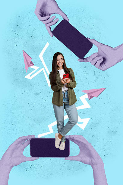 istock Vertical pop creative collage of happy girl guy stand hands hold phone message networking paper plane communication speech 2218897687