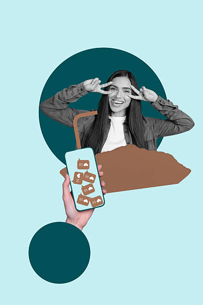 istock Image pop collage of person stand having screen phone likes on blue background 2218897700