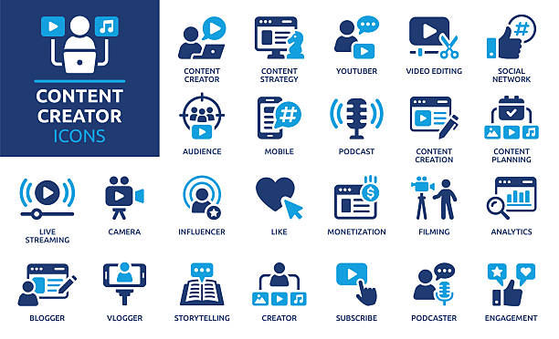 Content creator icon set. Video editing, content strategy,Solid vector icons collection. Containing content creation, youtuber, blogger, monetization, podcast, live streaming, social network, subscribe, like, influencer and more. live news stock illustrations