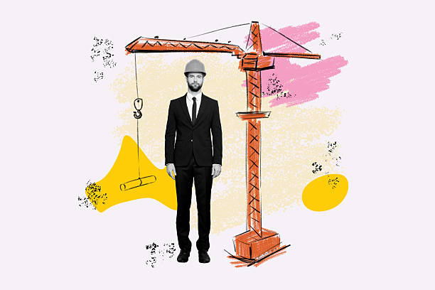 istock Trend artwork collage template composite sketch of guy businessman stand crane worker builder professional technician repair uniform 2218897907
