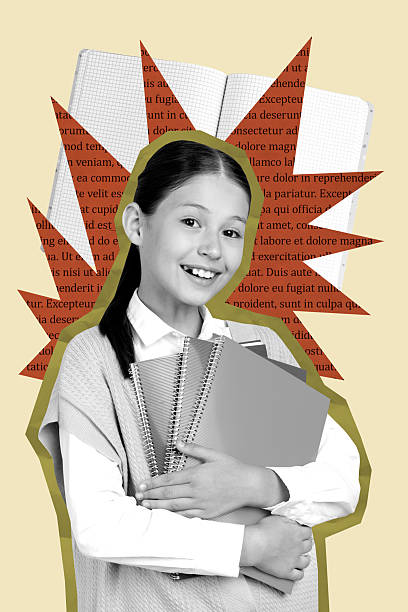 istock Vertical image pop artwork collage of happy pretty small schoolgirl hold notepad stack education knowledge pupil learner 2218898065