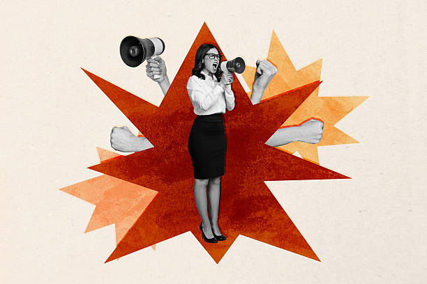 Template sketch image composite artwork collage of young lady stand attention propaganda megaphone talk announce fist power strike leader