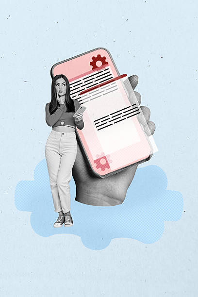 istock Trend artwork creative sketch 3D collage of huge hand hold smartphone display web app young lady stand think machinery cog support engine 2218898610
