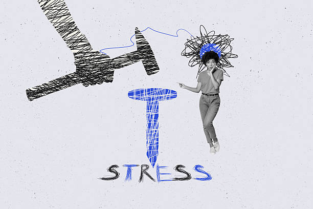 Collage of tired stressed person under pressure with abstract scribble elements and hammer symbolizing mental overload