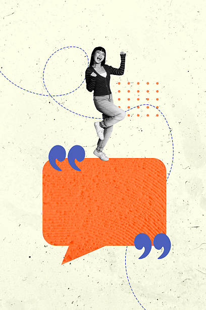istock Template poster trend artwork 3D photo collage of thought quote feedback comment psychedelic young lady excited face smile stand message 2218899557