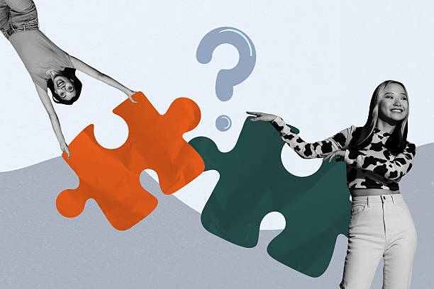istock Composite sketch design photo collage of brilliant idea challenge solution friends two young lady hand hold puzzle match question jigsaw 2218899589