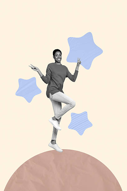 istock Composite image montage trend artwork 3D collage of young lady two finger hello stand star feedback loyalty great experience marketing 2218899656