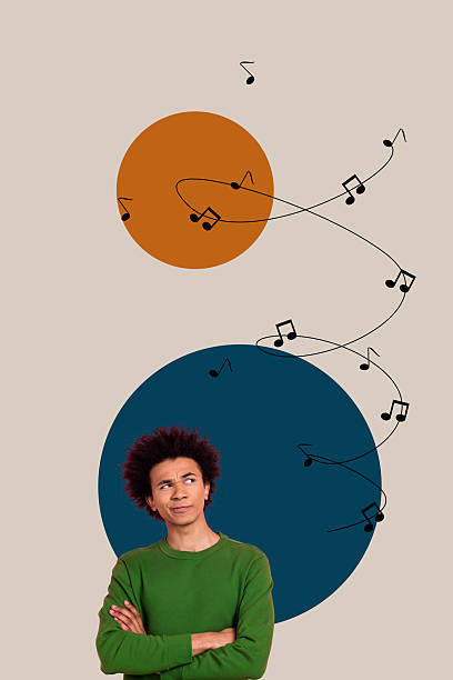 istock Pop collage of person stand under musical notes on pastel background 2218900395