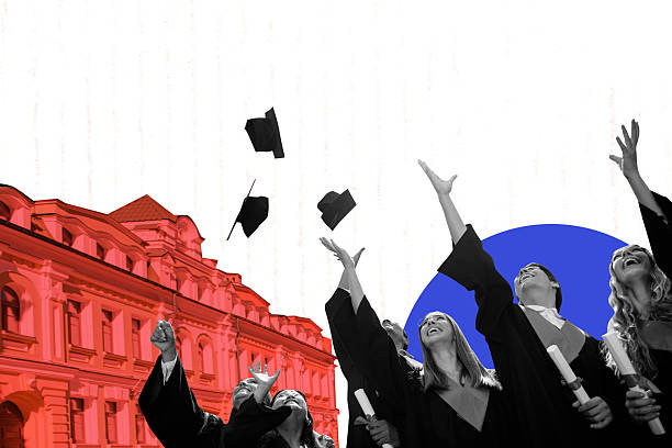 istock Trend artwork composite 3D photo collage design of success student study knowledge academic education young man lady friends pull hat up 2218900440