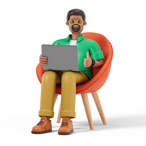 istock A man sits on an orange chair holding a laptop 2218901957