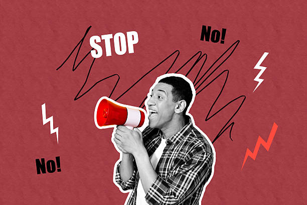 istock Template sketch image composite artwork collage of young man hold laudspeaker proclaim vote stop pressure victim harassment hate bullying 2218904181