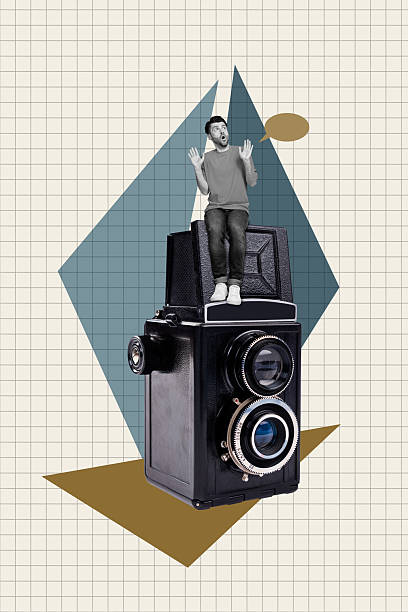 istock Art collage of person sit shock retro camera on checkered pattern background 2218907800