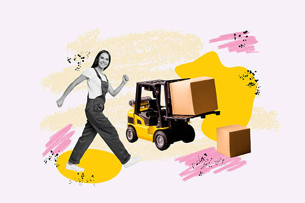 Trend composite sketch template 3D collage of industrial technician builder repair uniform service young woman walk delivery box machine