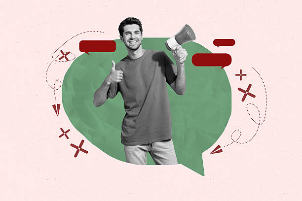 istock Creative pop collage of person stand in speech bubble on pink background 2218912876