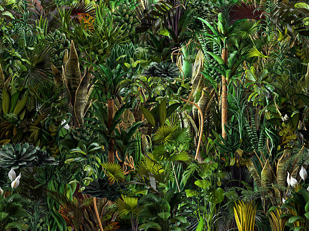 istock Dense tropical foliage featuring a variety of lush green plants and trees, seamless pattern. 2218917739