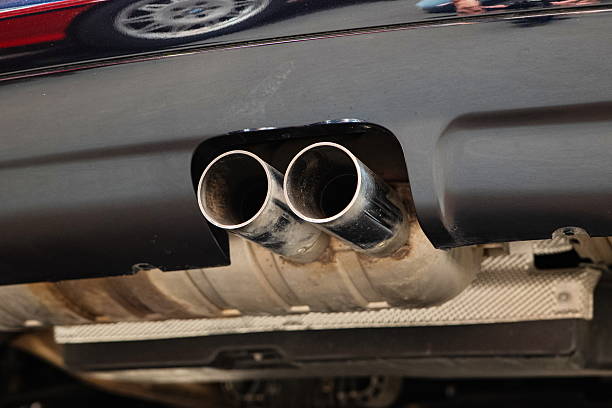 istock Twin tip car exhaust pipe or tail pipe. Low angle view, chromed metal, no people 2218918825