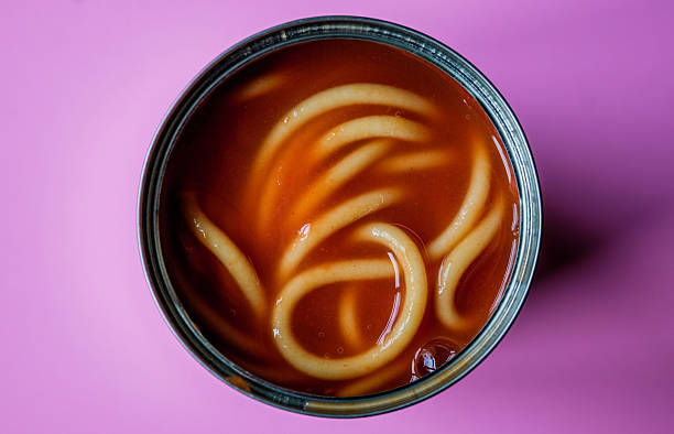 istock Open Tin or Can Of Italian Style Spaghetti Pasta In Tomato Sauce 2218920607