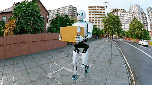 Humanoid delivery robot walks through a modern city neighborhood carrying a package, symbolizing the future of autonomous logistics and smart urban living. The scene reflects concepts like AI automation, contactless delivery, and next-gen e-commerce in an urban setting.