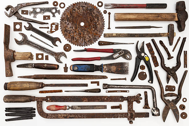 istock Flat lay of old hand tools on white background. 2218927938