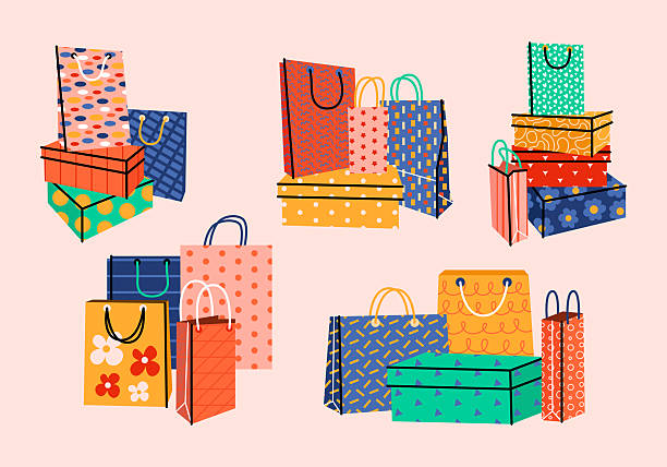 Set of five stacks of shoe boxes with various craft paper shopping or gift bags. Sacks for purchases, presents in retro cartoon style. Hand drawn colored vector flat illustration. Shopping, sale concept, fashion, beauty.
