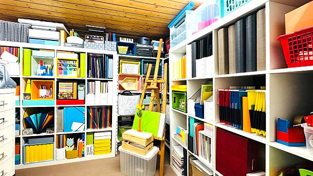 istock Home office storage room, two large square shelves with square boxes 2218933314
