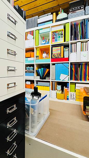istock Home office storage room with drawer cabinets in front 2218933361