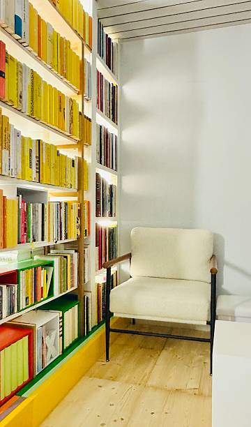 istock Library book shelves with a white comfortable armchair 2218933512