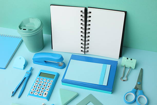 istock Stationery calculator ruler calculator and school stuff on coloured background. Concept of school and college learning 2218957452