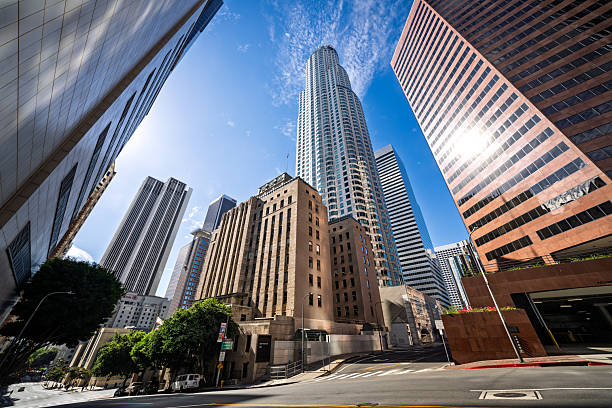 Contemporary office buildings and glass skyscrapers tower above the streets of downtown Los Angeles on a bright, sunny day. The sleek architecture, clean sidewalks, and reflections of the blue sky highlight the city's modern urban character and business district atmosphere.