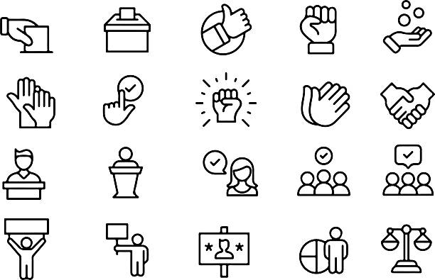 Icons of vote, election, ballot box, campaign, support, unity, solidarity, community, advocacy, protest, handshake, public speaking, justice, representation.