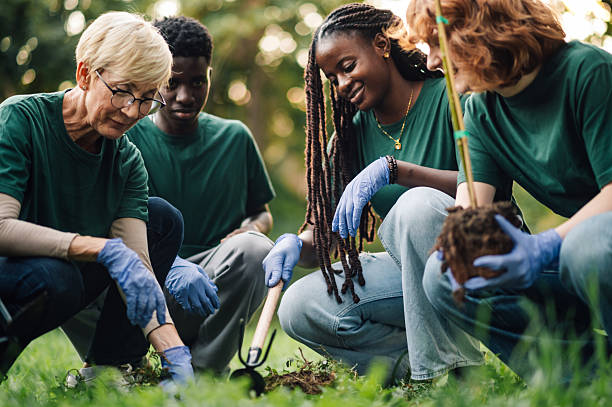 istock Volunteers planting trees in the park 2218970906