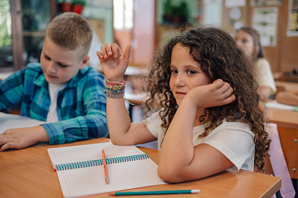 istock Elementary school girl raising hand in classroom 2218971114