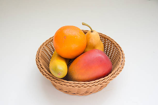 fruits in a basket on white background, healthy food.