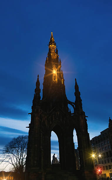 Illuminated Scott Monument at Dusk in Edinburgh, Scotland