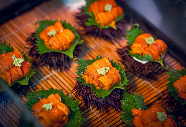 Fresh Uni Served in Sea Urchin Shells with Shiso and Wasabi