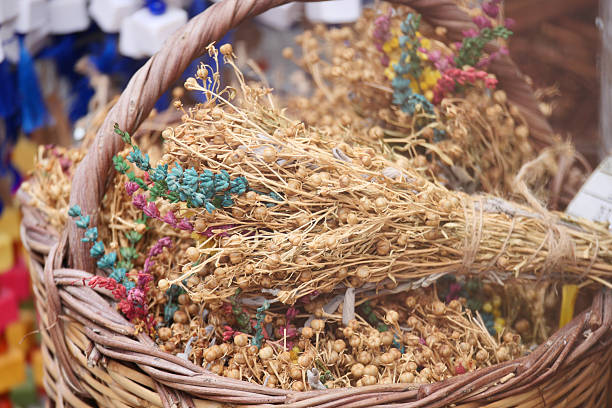 A basket filled with various dried herbs shows vibrant colors and textures.